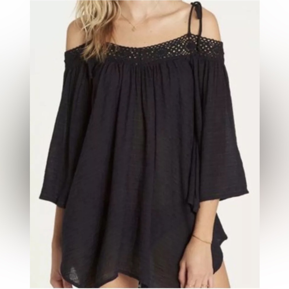 NWT Billabong Black Crochet Off Shoulder Cover Up Tunic Size Medium Boho Beach